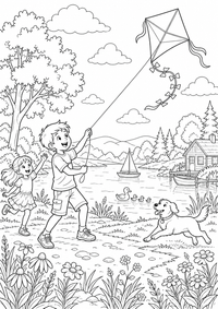 Kite flying at a summer lake ist ein einzigartiges kostenloses A4-Ausmalbild mit klaren schwarzen Konturen und einer spannenden kindgerechten Szene.