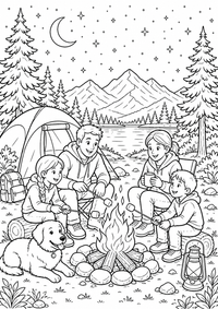 Family summer camping ist ein einzigartiges kostenloses A4-Ausmalbild mit klaren schwarzen Konturen und einer spannenden kindgerechten Szene.