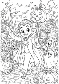 Vampire pumpkin parade ist ein einzigartiges kostenloses A4-Ausmalbild mit klaren schwarzen Konturen und einer spannenden kindgerechten Szene.