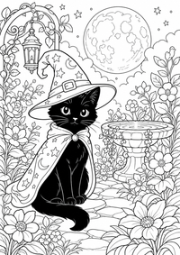 Wizard cat moon garden ist ein einzigartiges kostenloses A4-Ausmalbild mit klaren schwarzen Konturen und einer spannenden kindgerechten Szene.