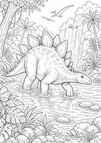 Stegosaurus jungle river ist ein einzigartiges kostenloses A4-Ausmalbild mit klaren schwarzen Konturen und einer spannenden kindgerechten Szene.