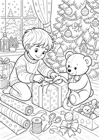 Christmas present wrapping ist ein einzigartiges kostenloses A4-Ausmalbild mit klaren schwarzen Konturen und einer spannenden kindgerechten Szene.