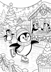 Penguin at Christmas market ist ein einzigartiges kostenloses A4-Ausmalbild mit klaren schwarzen Konturen und einer spannenden kindgerechten Szene.
