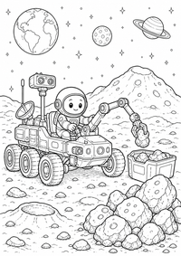 Moon rover collecting rocks ist ein einzigartiges kostenloses A4-Ausmalbild mit klaren schwarzen Konturen und einer spannenden kindgerechten Szene.