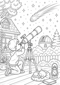 Telescope and comet ist ein einzigartiges kostenloses A4-Ausmalbild mit klaren schwarzen Konturen und einer spannenden kindgerechten Szene.