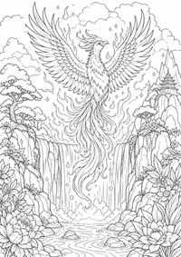 Phoenix magical waterfall ist ein einzigartiges kostenloses A4-Ausmalbild mit klaren schwarzen Konturen und einer spannenden kindgerechten Szene.