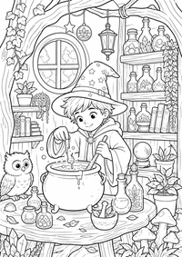 Wizard treehouse potions ist ein einzigartiges kostenloses A4-Ausmalbild mit klaren schwarzen Konturen und einer spannenden kindgerechten Szene.