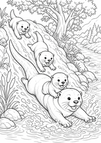 Otter family riverbank ist ein einzigartiges kostenloses A4-Ausmalbild mit klaren schwarzen Konturen und einer spannenden kindgerechten Szene.