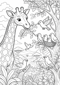 Giraffe and little birds ist ein einzigartiges kostenloses A4-Ausmalbild mit klaren schwarzen Konturen und einer spannenden kindgerechten Szene.