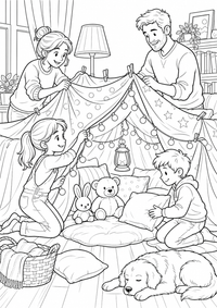 Family blanket fort ist ein einzigartiges kostenloses A4-Ausmalbild mit klaren schwarzen Konturen und einer spannenden kindgerechten Szene.