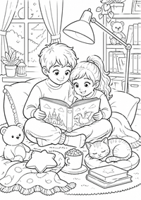 Siblings reading together ist ein einzigartiges kostenloses A4-Ausmalbild mit klaren schwarzen Konturen und einer spannenden kindgerechten Szene.