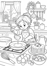 Child making pancakes ist ein einzigartiges kostenloses A4-Ausmalbild mit klaren schwarzen Konturen und einer spannenden kindgerechten Szene.
