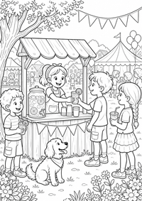 Lemonade stand fair ist ein einzigartiges kostenloses A4-Ausmalbild mit klaren schwarzen Konturen und einer spannenden kindgerechten Szene.