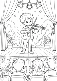 Child violin stage ist ein einzigartiges kostenloses A4-Ausmalbild mit klaren schwarzen Konturen und einer spannenden kindgerechten Szene.