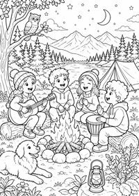 Campfire singing children ist ein einzigartiges kostenloses A4-Ausmalbild mit klaren schwarzen Konturen und einer spannenden kindgerechten Szene.
