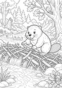 Beaver forest stream ist ein einzigartiges kostenloses A4-Ausmalbild mit klaren schwarzen Konturen und einer spannenden kindgerechten Szene.