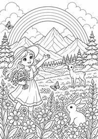 Rainbow mountain meadow ist ein einzigartiges kostenloses A4-Ausmalbild mit klaren schwarzen Konturen und einer spannenden kindgerechten Szene.