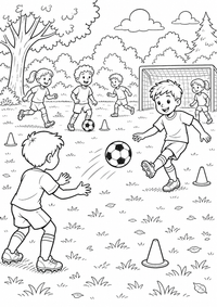 Children football practice ist ein einzigartiges kostenloses A4-Ausmalbild mit klaren schwarzen Konturen und einer spannenden kindgerechten Szene.