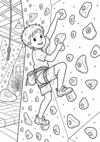 Indoor climbing child ist ein einzigartiges kostenloses A4-Ausmalbild mit klaren schwarzen Konturen und einer spannenden kindgerechten Szene.