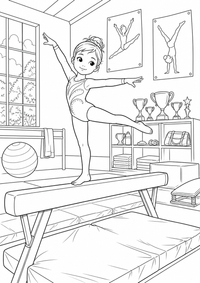 Young gymnast balance beam ist ein einzigartiges kostenloses A4-Ausmalbild mit klaren schwarzen Konturen und einer spannenden kindgerechten Szene.