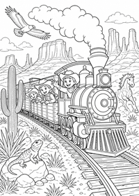 American west train trip ist ein einzigartiges kostenloses A4-Ausmalbild mit klaren schwarzen Konturen und einer spannenden kindgerechten Szene.