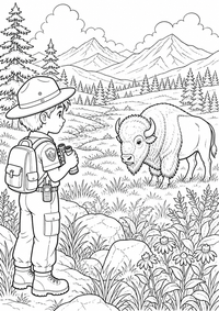 Park ranger and bison ist ein einzigartiges kostenloses A4-Ausmalbild mit klaren schwarzen Konturen und einer spannenden kindgerechten Szene.