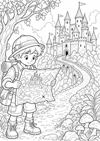 Castle map explorer ist ein einzigartiges kostenloses A4-Ausmalbild mit klaren schwarzen Konturen und einer spannenden kindgerechten Szene.