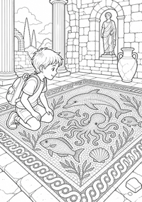 Child and Roman mosaic ist ein einzigartiges kostenloses A4-Ausmalbild mit klaren schwarzen Konturen und einer spannenden kindgerechten Szene.