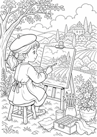 French countryside painter ist ein einzigartiges kostenloses A4-Ausmalbild mit klaren schwarzen Konturen und einer spannenden kindgerechten Szene.