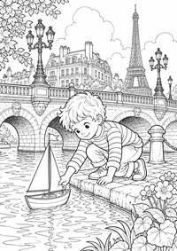 French bridge toy boat ist ein einzigartiges kostenloses A4-Ausmalbild mit klaren schwarzen Konturen und einer spannenden kindgerechten Szene.