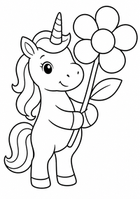 Einhorn mit großer Blume ist ein sehr einfaches kostenloses A4-Ausmalbild für Kinder von 6 bis 7 Jahren, mit klaren schwarzen Konturen und großen Flächen zum Ausmalen.