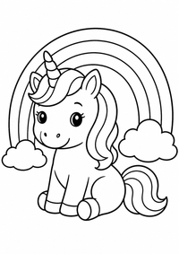 Einhorn neben einem Regenbogen ist ein sehr einfaches kostenloses A4-Ausmalbild für Kinder von 6 bis 7 Jahren, mit klaren schwarzen Konturen und großen Flächen zum Ausmalen.