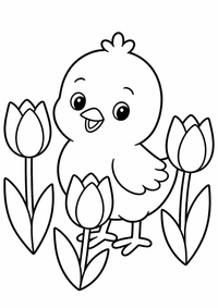 Gelbes Küken mit Tulpen ist ein sehr einfaches kostenloses A4-Ausmalbild für Kinder von 6 bis 7 Jahren, mit klaren schwarzen Konturen und großen Flächen zum Ausmalen.