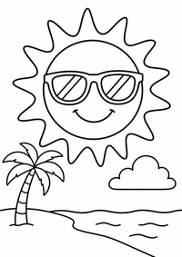 Sonne am Strand ist ein sehr einfaches kostenloses A4-Ausmalbild für Kinder von 6 bis 7 Jahren, mit klaren schwarzen Konturen und großen Flächen zum Ausmalen.