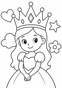 Prinzessin mit großer Krone ist ein sehr einfaches kostenloses A4-Ausmalbild für Kinder von 6 bis 7 Jahren, mit klaren schwarzen Konturen und großen Flächen zum Ausmalen.