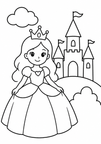 Prinzessin und kleines Schloss ist ein sehr einfaches kostenloses A4-Ausmalbild für Kinder von 6 bis 7 Jahren, mit klaren schwarzen Konturen und großen Flächen zum Ausmalen.