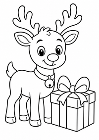 Rentier mit Geschenk ist ein sehr einfaches kostenloses A4-Ausmalbild für Kinder von 6 bis 7 Jahren, mit klaren schwarzen Konturen und großen Flächen zum Ausmalen.