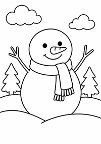 Schneemann mit Schal ist ein sehr einfaches kostenloses A4-Ausmalbild für Kinder von 6 bis 7 Jahren, mit klaren schwarzen Konturen und großen Flächen zum Ausmalen.