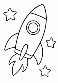Rakete mit Sternen ist ein sehr einfaches kostenloses A4-Ausmalbild für Kinder von 6 bis 7 Jahren, mit klaren schwarzen Konturen und großen Flächen zum Ausmalen.
