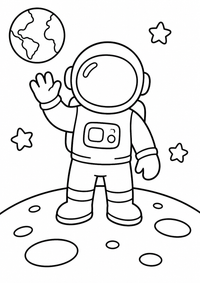 Astronaut auf dem Mond ist ein sehr einfaches kostenloses A4-Ausmalbild für Kinder von 6 bis 7 Jahren, mit klaren schwarzen Konturen und großen Flächen zum Ausmalen.
