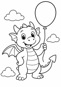 Freundlicher Drache mit Ballon ist ein sehr einfaches kostenloses A4-Ausmalbild für Kinder von 6 bis 7 Jahren, mit klaren schwarzen Konturen und großen Flächen zum Ausmalen.