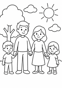 Familie hält Hände ist ein sehr einfaches kostenloses A4-Ausmalbild für Kinder von 6 bis 7 Jahren, mit klaren schwarzen Konturen und großen Flächen zum Ausmalen.