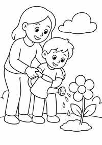 Kind gießt eine Blume ist ein sehr einfaches kostenloses A4-Ausmalbild für Kinder von 6 bis 7 Jahren, mit klaren schwarzen Konturen und großen Flächen zum Ausmalen.