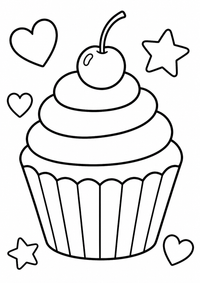 Cupcake mit Kirsche ist ein sehr einfaches kostenloses A4-Ausmalbild für Kinder von 6 bis 7 Jahren, mit klaren schwarzen Konturen und großen Flächen zum Ausmalen.