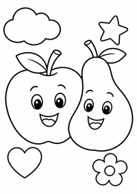 Fröhlicher Apfel und Birne ist ein sehr einfaches kostenloses A4-Ausmalbild für Kinder von 6 bis 7 Jahren, mit klaren schwarzen Konturen und großen Flächen zum Ausmalen.