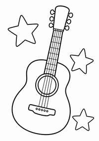 Gitarre mit Sternen ist ein sehr einfaches kostenloses A4-Ausmalbild für Kinder von 6 bis 7 Jahren, mit klaren schwarzen Konturen und großen Flächen zum Ausmalen.