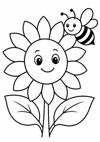 Sonnenblume mit Biene ist ein sehr einfaches kostenloses A4-Ausmalbild für Kinder von 6 bis 7 Jahren, mit klaren schwarzen Konturen und großen Flächen zum Ausmalen.