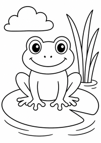 Frosch auf Seerose ist ein sehr einfaches kostenloses A4-Ausmalbild für Kinder von 6 bis 7 Jahren, mit klaren schwarzen Konturen und großen Flächen zum Ausmalen.
