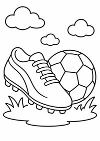 Fußballschuh und Ball ist ein sehr einfaches kostenloses A4-Ausmalbild für Kinder von 6 bis 7 Jahren, mit klaren schwarzen Konturen und großen Flächen zum Ausmalen.