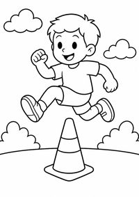 Kind springt über einen Kegel ist ein sehr einfaches kostenloses A4-Ausmalbild für Kinder von 6 bis 7 Jahren, mit klaren schwarzen Konturen und großen Flächen zum Ausmalen.